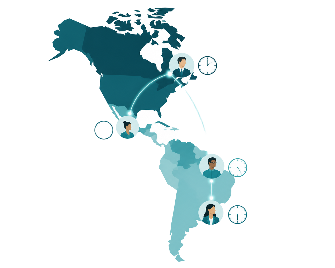 Map connecting Canada with LATAM across overlapping time zones